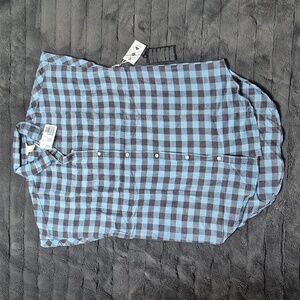 Forever 21 Blue and Charcoal Gingham Short Sleeve Shirt Size Small, New W Tags